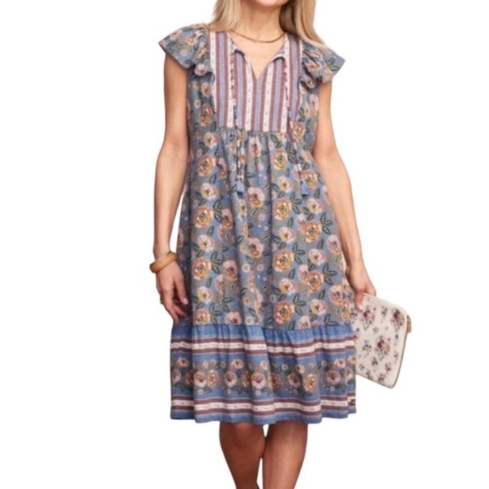 Matilda‎ Jane Floral Tiered Midi Dress Womens Small Blue Boho Tassel NWOT